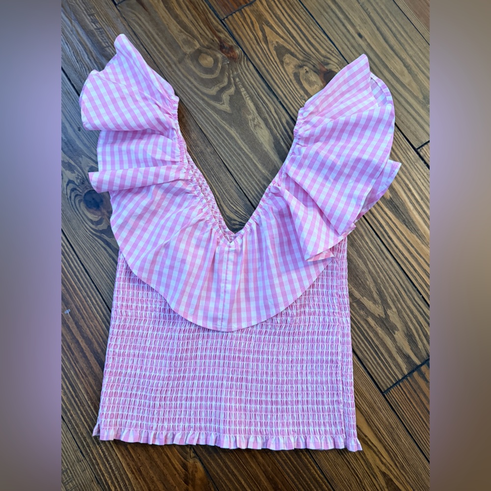 Express Pink Checkered Ruffle Blouse